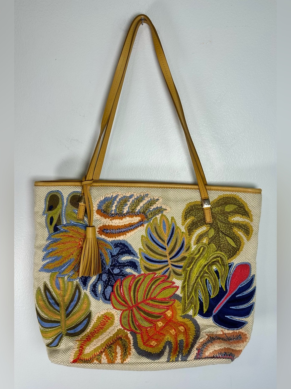 Chico's Embroidered Tropical Leaf Tote Bag in Multicolor with Yellow Lining